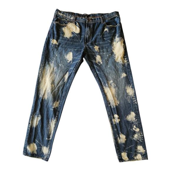 Akoo Empire Brand 42x30 Blue Acid Washed Paint Splatter Men's Baggy Jeans - Picture 1 of 7